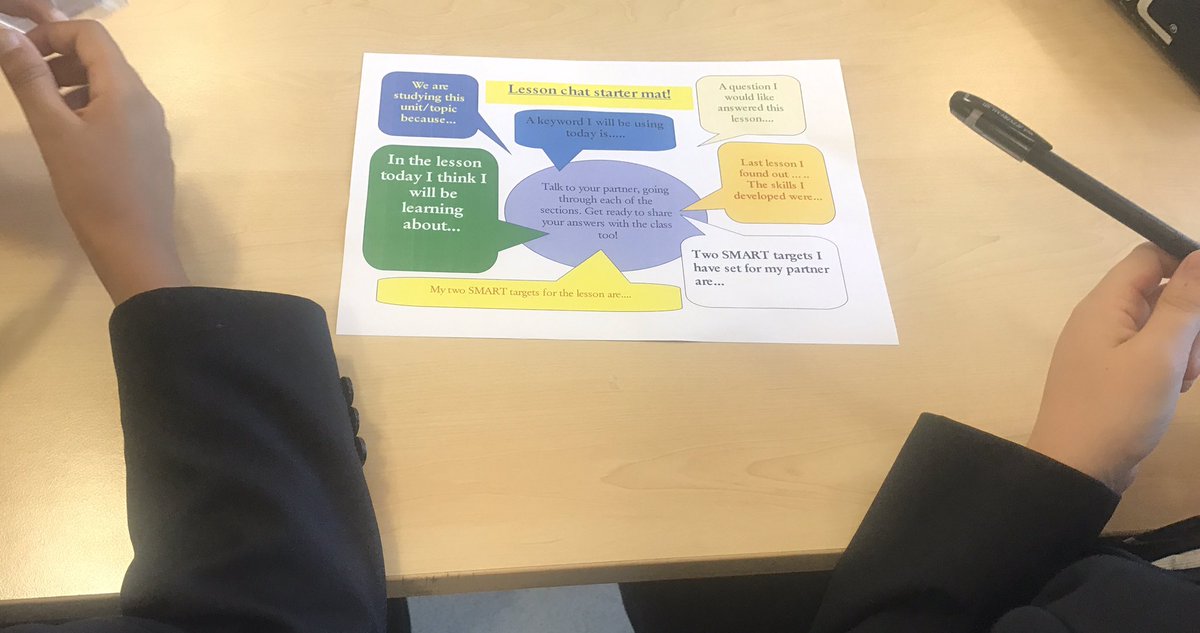 KateJones_teach's tweet photo. Lesson chat starter mat ... sentence starters to prompt pair discussion reflecting on previous lessons &amp; setting targets #pedagoofriday https://t.co/oKFDlNmCaq