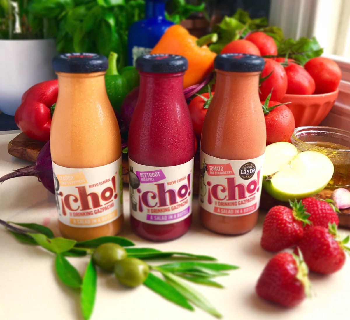 Croxsons's tweet photo. Salad in a #bottle anyone? These gems from @ChoGazpacho hit the mark - look mighty amazing too! #glass #bottles #wmc https://t.co/JUubARaMse