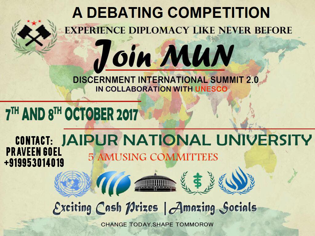 JAIPURJNU's tweet photo. Join MUN, Discernment Internation Summit 2.0 in Collaboration with #UNESCO. 
#Debate #Debates #MoreDebates #JNUjaipur #Jaipur https://t.co/F9Sc7m9lve