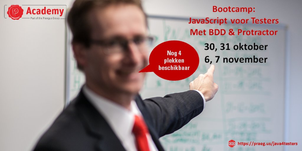 PraegusAcademy's tweet photo. Onze nieuwe #Bootcamp: "#JavaScript voor Testers, met #BDD & #Protractor"; https://t.co/vkJoxbuSO3 #JavaScript4Testers #Academy https://t.co/CManfblP36