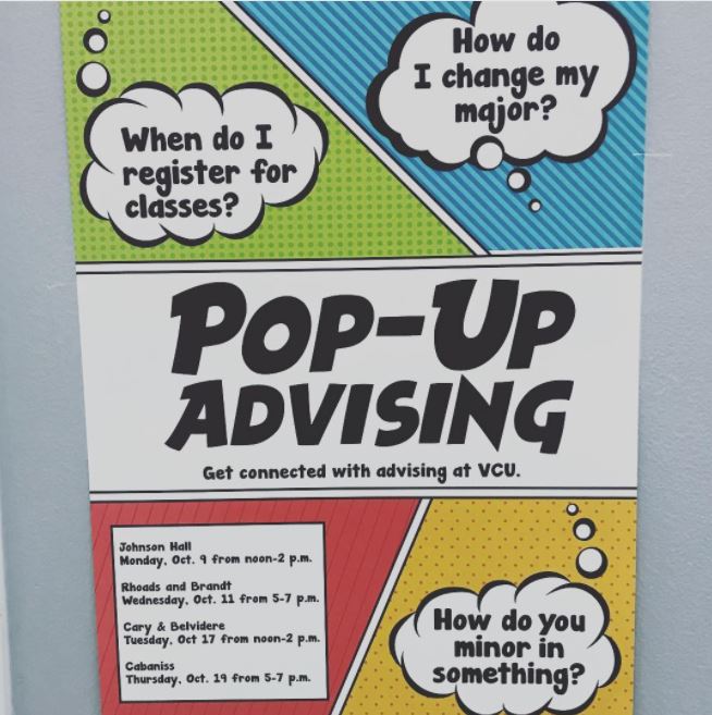 VCU_Advising's tweet photo. VCU Academic Advising is coming to YOU! Don't miss our Pop-up Advising starting 10/9βΌοΈ #vcu #vcuuaa #vcu21 #WEadviseYOUdecide https://t.co/JW2N8jczdO