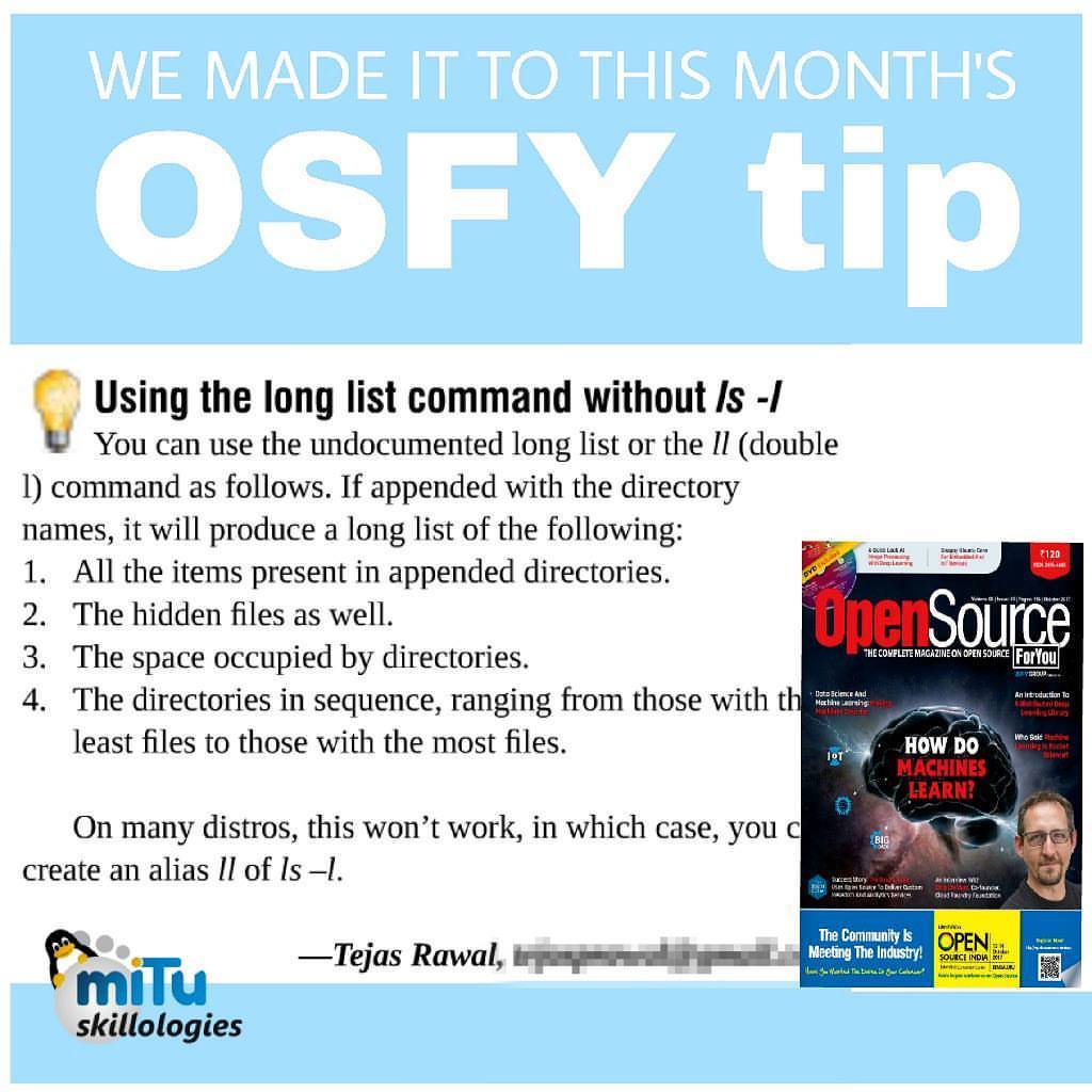 mitu_group's tweet photo. Did you check out this month's OSFY Magazine?
Learn a cool tip on Linux OS provided by our R&D guy @t3j45
#Trainings #OSFY #magazine https://t.co/Fk0BS5Fv9d