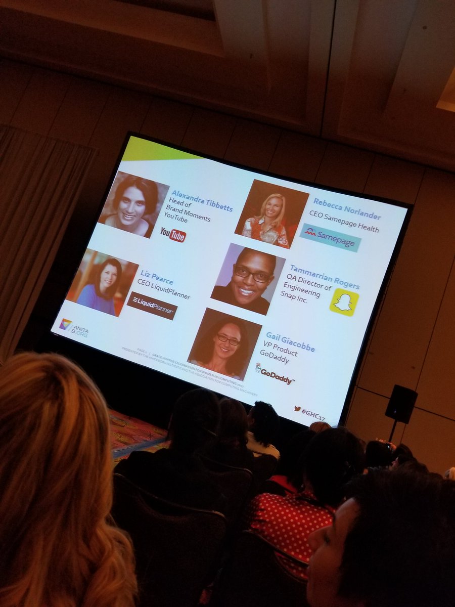 TweetGEEKGirl's tweet photo. So you want to be an executive?!   Great line up today.   😊 #GHC17 https://t.co/MM2JYf3UBl