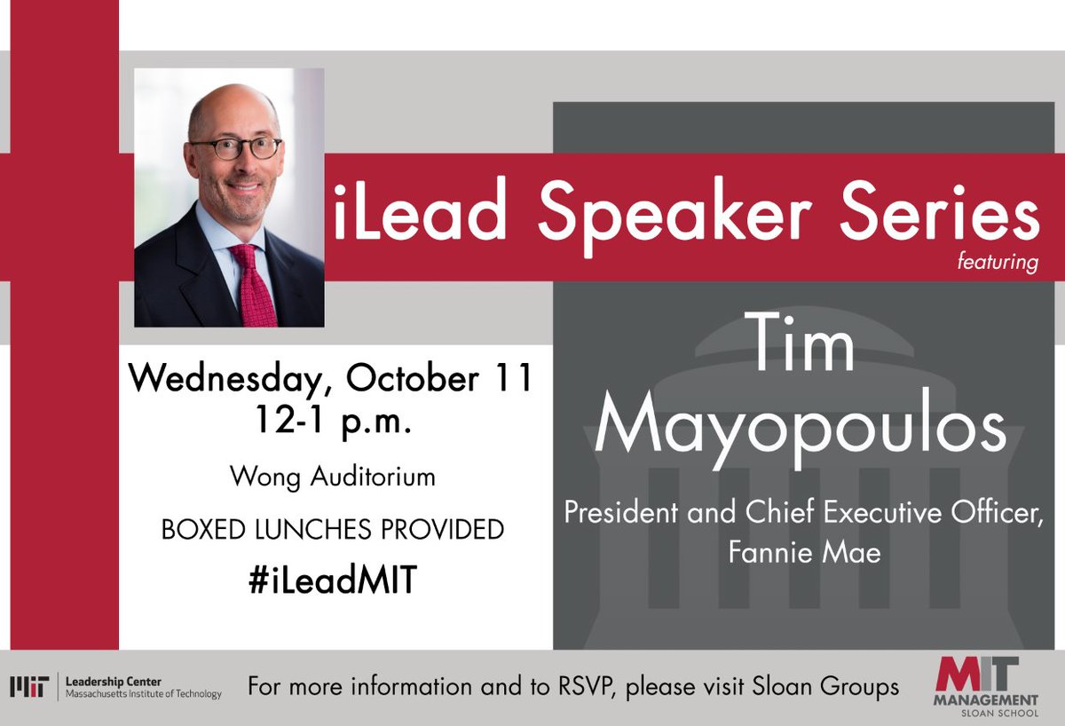 MITLeadership's tweet photo. Excited for our first #iLeadMIT speaker of the semester, Tim Mayopoulos, on Wed. 10/11 in Wong Auditorium https://t.co/9geuYi0KMx https://t.co/XLIGDUhof7
