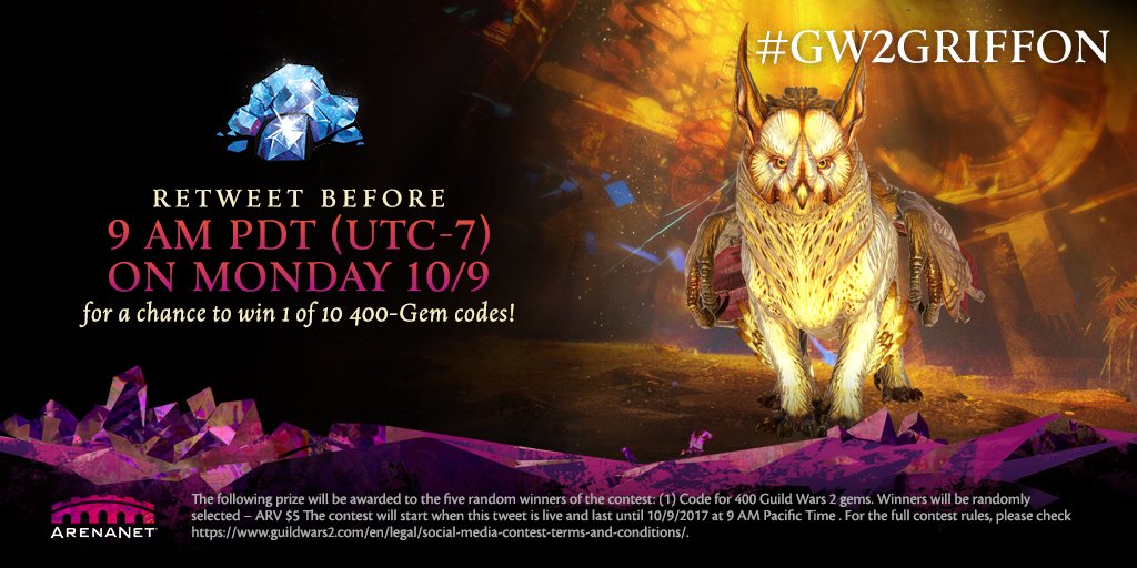 GuildWars2's tweet image. Post your #GW2Griffon pictures on this hashtag and we&apos;ll share our faves! &amp;amp; retweet this tweet for a chance to win 1 of 5 400-Gem codes!