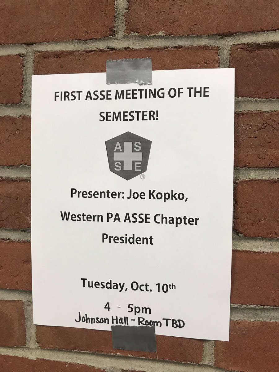 IUP_ASSP's tweet photo. We have the president of the Western PA ASSE chapter, Joe Kopko coming to speak. Even if you are not a member, you can attend. https://t.co/ZQyTTJirQk