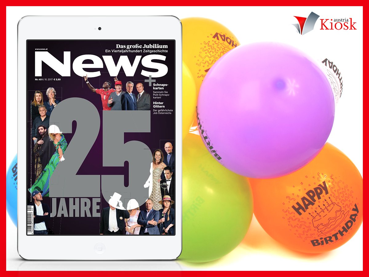 AustriaKiosk's tweet photo. 25 Jahre @NEWS, 252 Seiten Jubiläumsausgabe! Wir gratulieren und freuen uns auf die nächsten 25 Jahre! >> https://t.co/GzBFYA8gcY #vgn #news https://t.co/zlj0QJPpMA