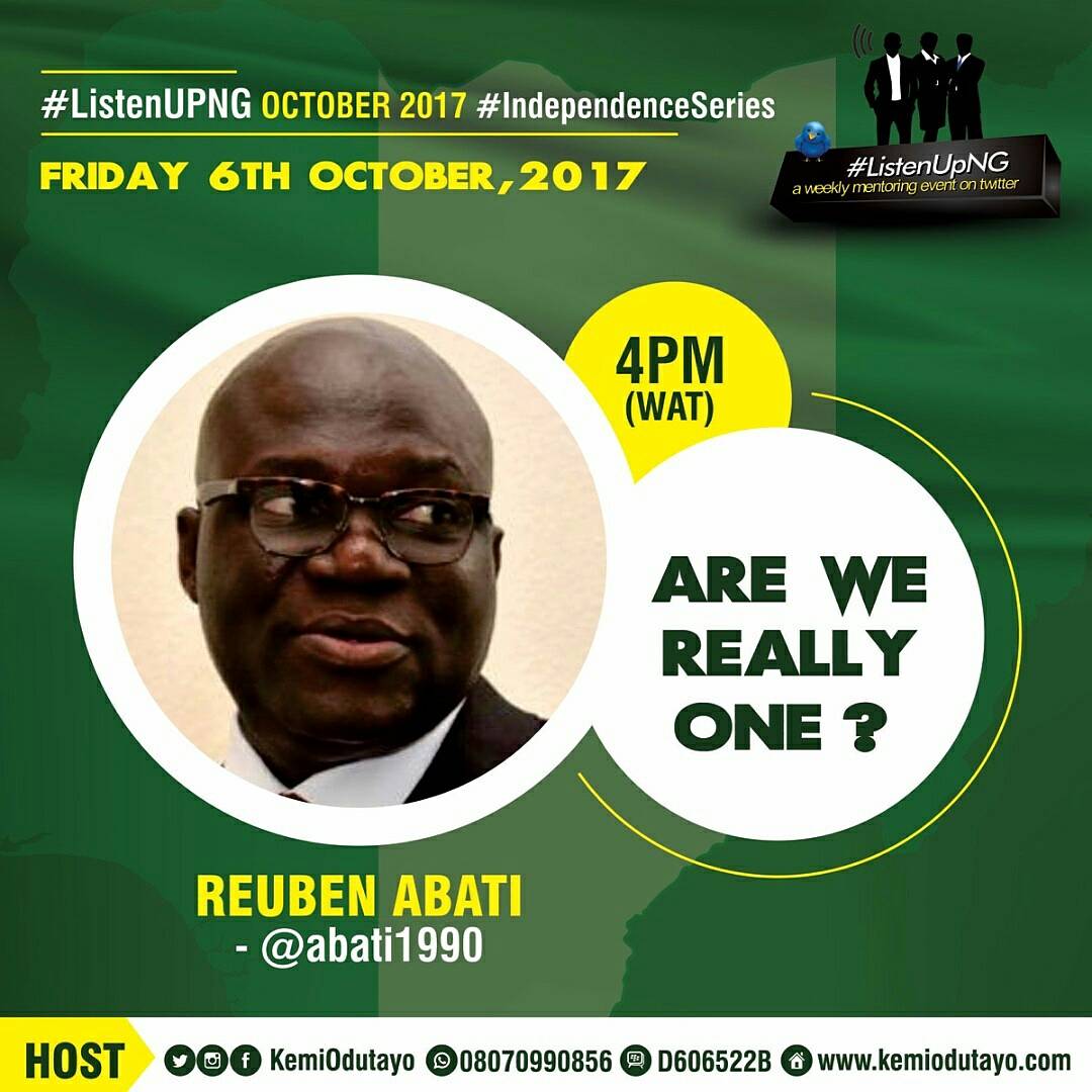 KemiOdutayo's tweet photo. TGIF! Are you ready to engage @abati1990 on today's session on #ListenUpNG?  #RealLifeIssue under discussion is, 'ARE WE REALLY ONE?' https://t.co/upiFYBFSrA