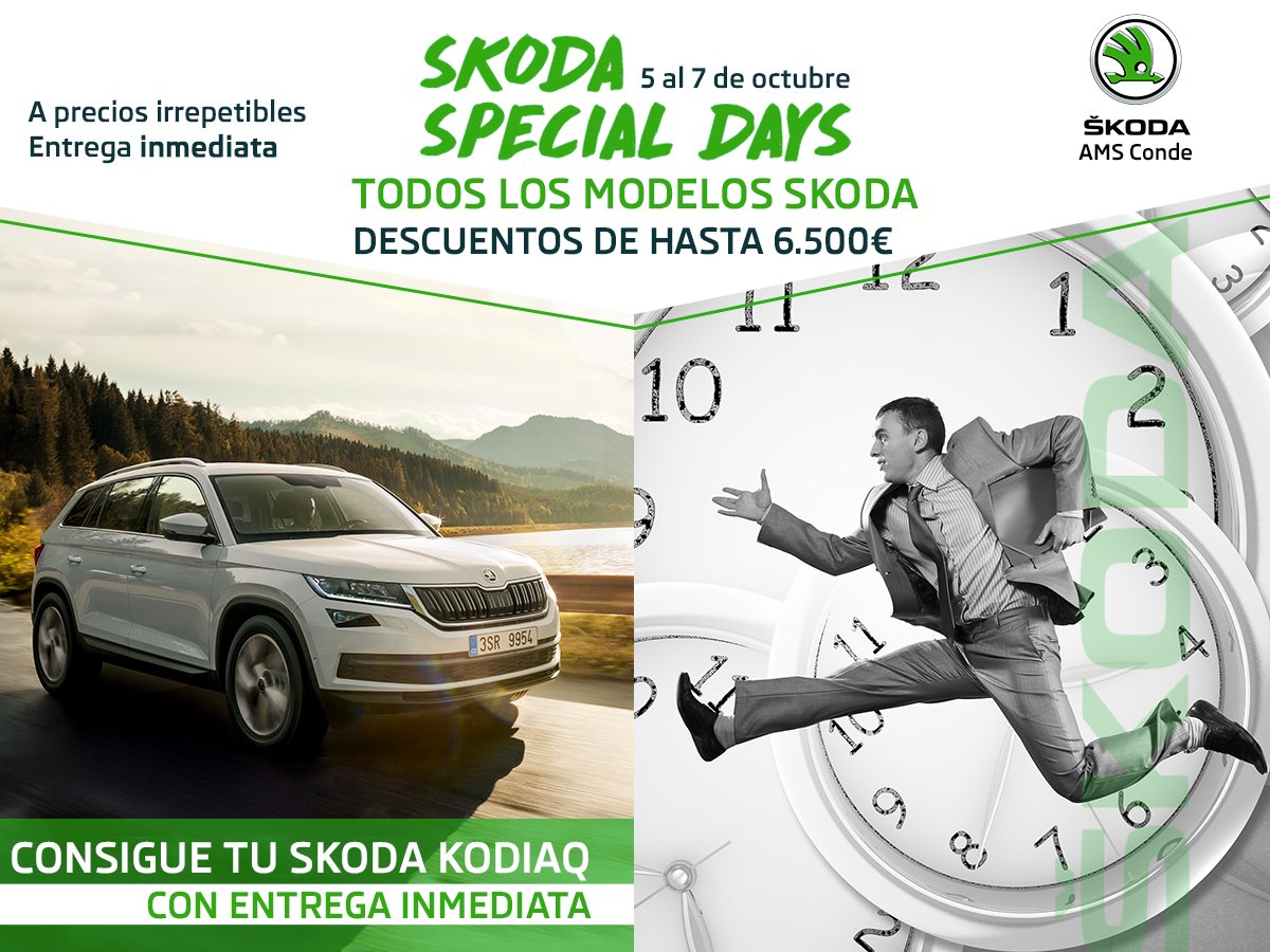 amsconde's tweet photo. ¡Hoy y mañana siguen siendo los #SpecialDays! Ven a #AMSConde a por tu #Skoda KM0 con un descuento de hasta 6500€ y entrega inmediata 😍😍😍 https://t.co/cHOAurJuZ1