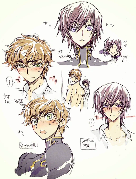 「スザクは女の子関係で顔赤くするけど、ルルーシュは顔赤くしないよね」「スザクはそういうのを見ると性的なものとして認識しているのでは?」「という事はルルーシュがスザクとそういう事したら
スザクの裸にだけルルーシュは赤面するようになるのか!」と言う話をして盛り上がっていた 