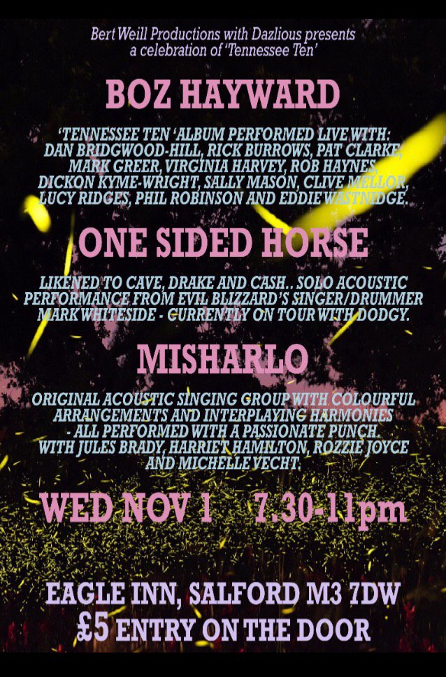 fleatheband's tweet photo. Boz Hayward // One Sided Horse // Misharlo Nov 1 Eagle Inn Salford £5 entry. Here's the poster/flyer. Can't wait! https://t.co/s78zZuW078