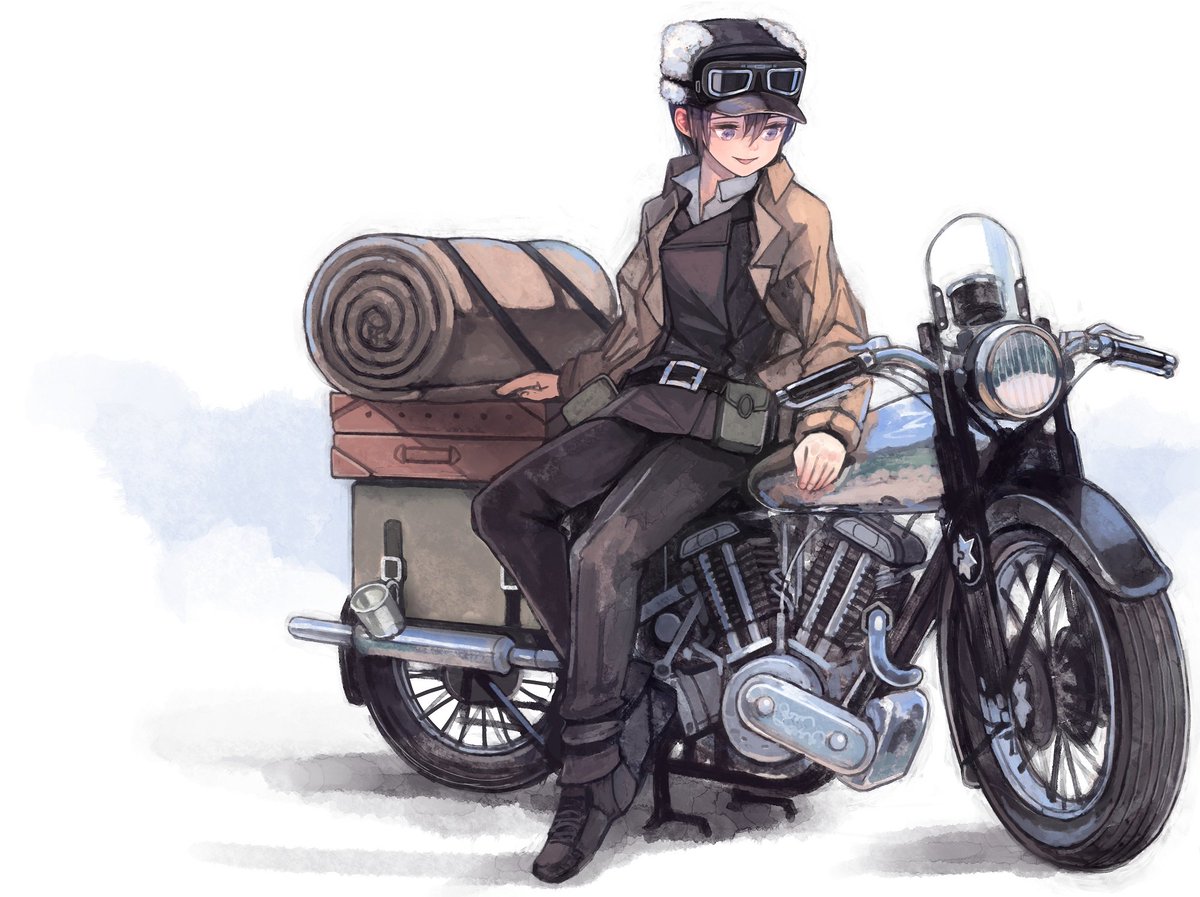 kino (kino no tabi) 1girl motor vehicle ground vehicle motorcycle solo goggles short hair  illustration images