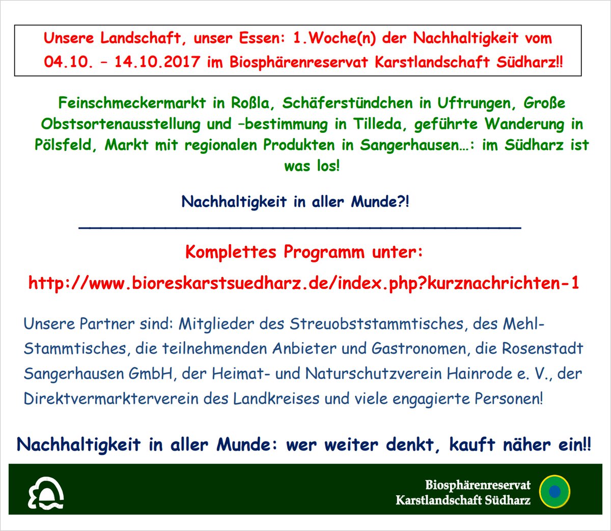 Verein_Suedharz's tweet photo. Unsere #Landschaft, unser #Essen
1.Woche(n) der #Nachhaltigkeit 4.10. – 14.10.17 im #BioRes KL #Südharz!!
Programm:
https://t.co/l6ZHQj1ANj https://t.co/o11RJDUf1V