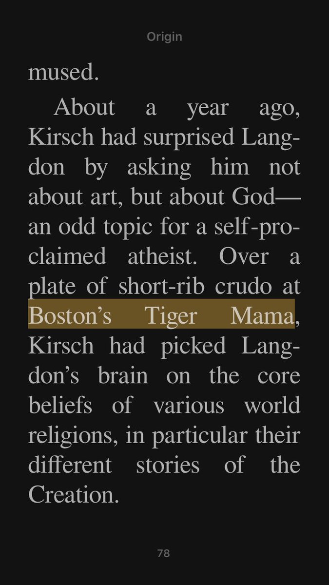 Boston food news: #DanBrown new book #Origin sends <a href="/Harvard/">Harvard University</a> #RobertLangdon to "trend... hot spot" <a href="/TigerMamaBos/">Tiger Mama</a> <a href="/tiffanifaison/">tiffani faison</a> <a href="/EaterBoston/">Eater Boston</a>