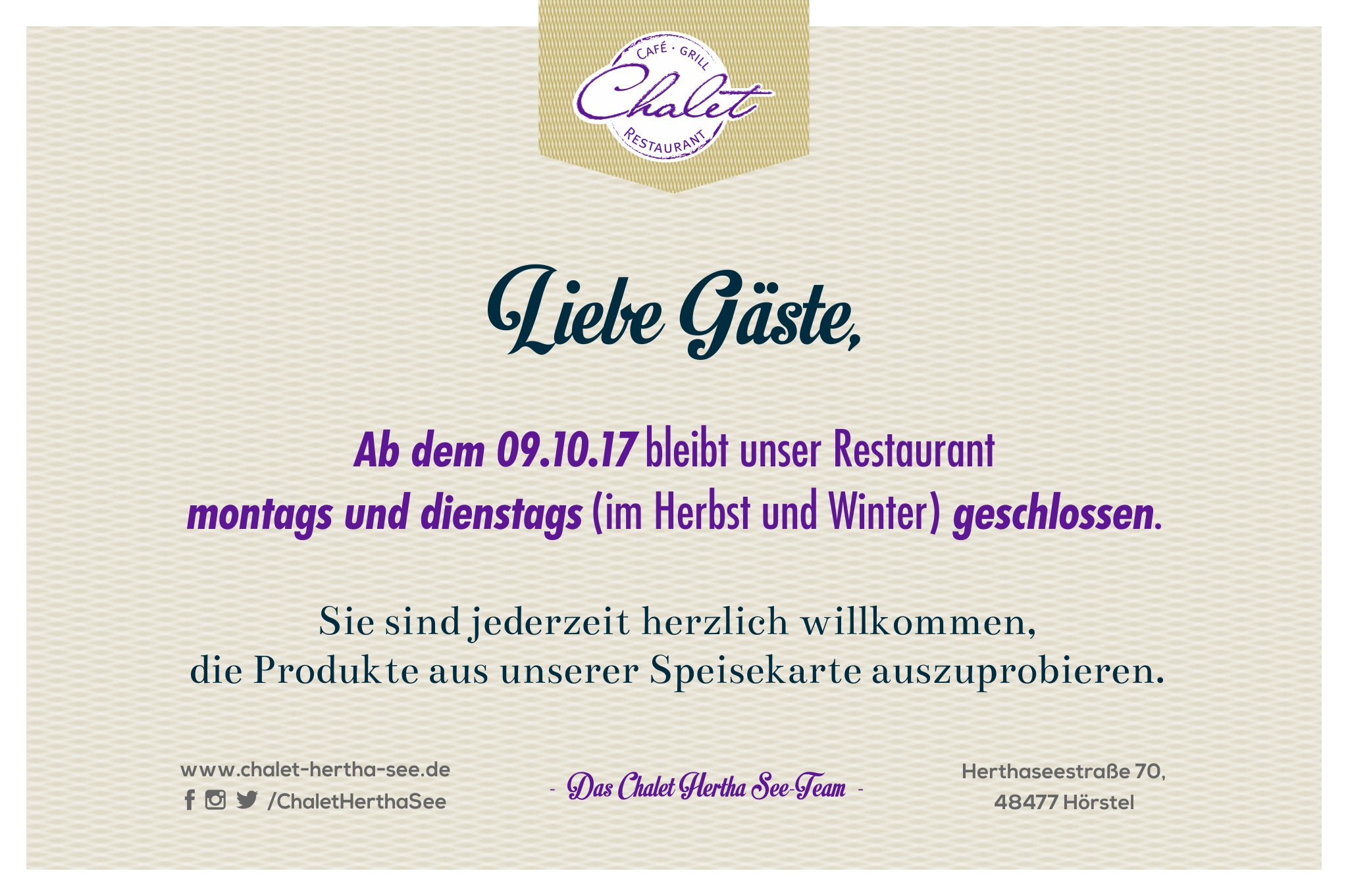 Chalet Hertha See Na Twitteru Liebe Gaste Ab Dem 09 10 17 Bleibt Unser Restaurant Montags Und Dienstags Im Herbst Und Winter Geschlossen