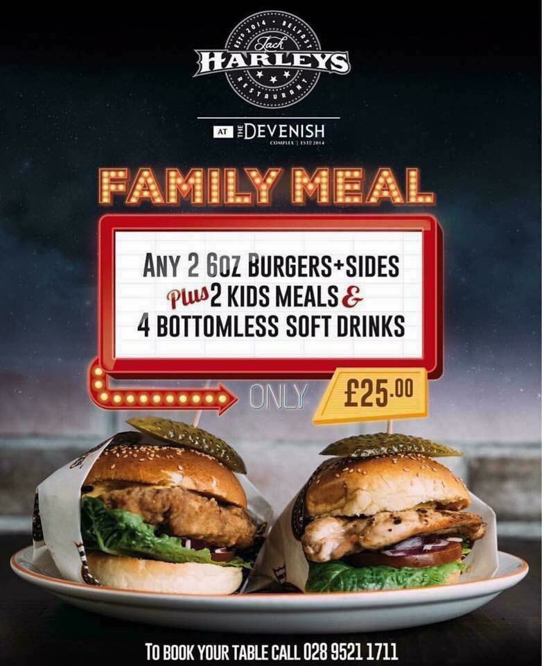 HarleysBelfast's tweet photo. Every night is FAMILY NIGHT at Jack Harleys.. 

Treat the family to our family meal feast tonight for an amazing £25! https://t.co/mabTheB5A4