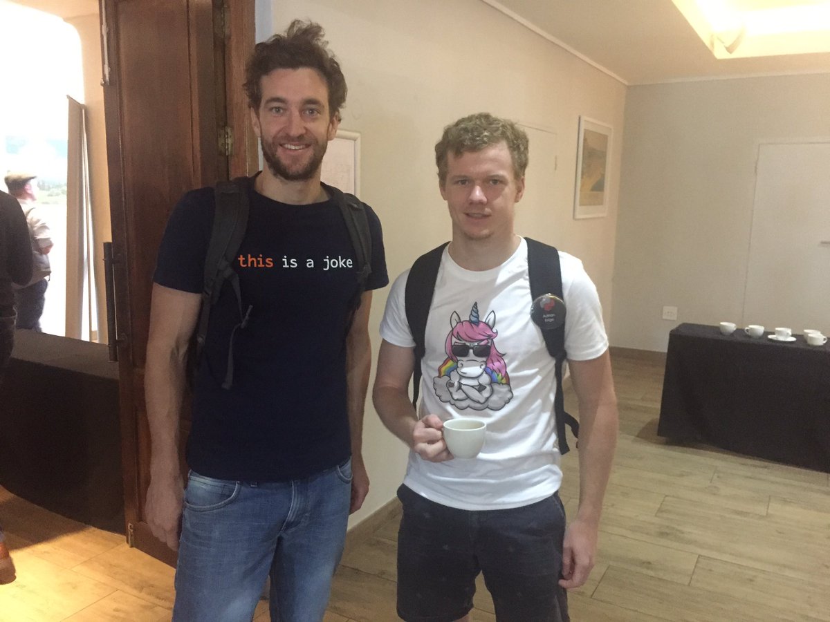 OfferZen's tweet photo. Great to see so many peeps sporting their OfferZen 🦄🌈shirts @pyconza day 2! 🐍🌈 #PyConZA17 https://t.co/HoZehPXxOM