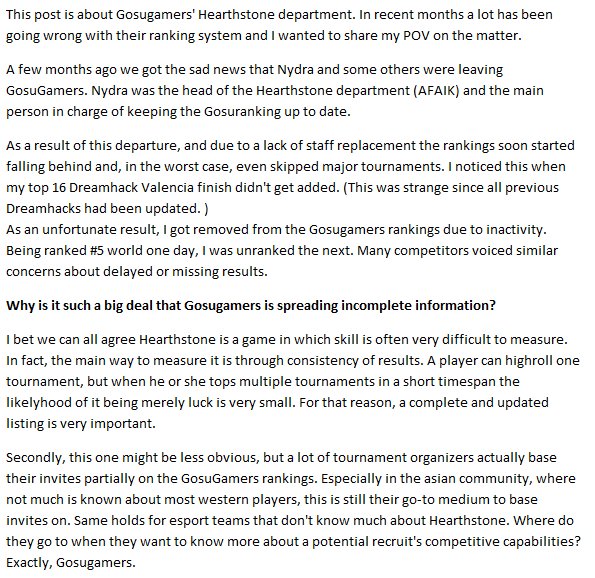 MitsuhideHS's tweet photo. To all fellow HS competitors: my opinion on current status of @GosuGamers @GosuGamersHS player rankings. Please help spread awareness. https://t.co/qhpJSqAakG