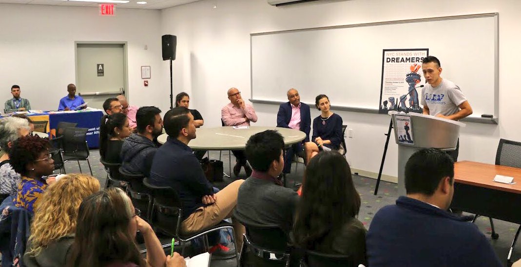 NYCImmigrants's tweet photo. We joined @CUNYDREAMers on 10/5 (last day to have #DACA renewals accepted) to hear their stories &amp; make clear NYC stands w/ DREAMers✊🏽 https://t.co/5ewVp0WczP