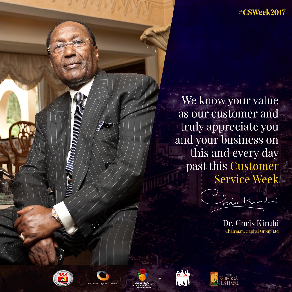 CapitalFMKenya's tweet photo. From all of us at Capital Group Ltd and on behalf of our Chairman @CKirubi, we value and appreciate you. #csweek17 https://t.co/3NuUXKpYTj