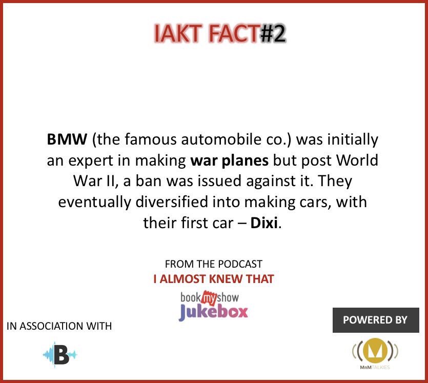 MnmTalkies's tweet photo. Discover more fun facts about AUTOMOBILES in our #Cars special of #IAlmostKnewThat #podcast
..
Click here : https://t.co/rF5fU4Vcxd
..
Exclusively produced for @bookmyshow and @audioBoom 
By MnM Talkies.
#IAKT #podcasts #podcaster #podcasting #facts #knowledge https://t.co/pPl8u5LPao