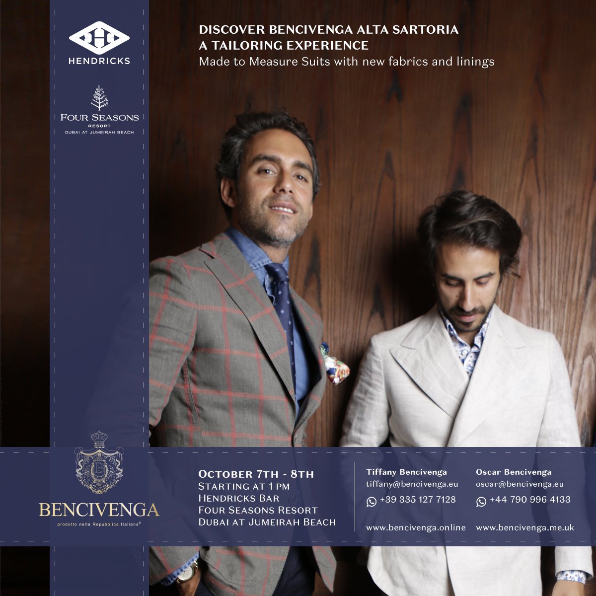 BencivengaCout's tweet photo. On October 7/8 join us for a special event at the #HendricksBar Four Seasons Resort Dubai. Starting at 1pm till late #BencivengaAltaSartoria https://t.co/Mt14tLKNbO