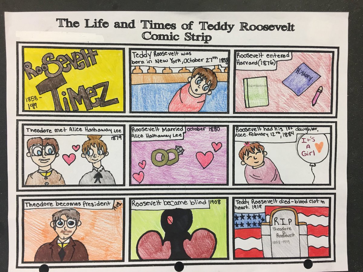 KCTesterman's tweet photo. Wow! Check out these awesome #edcomics made by some of our @WarwickHSpride Ss! #RooseveltsLifeComic #RosiesClass #WorldHistory https://t.co/ClgOy5oix3