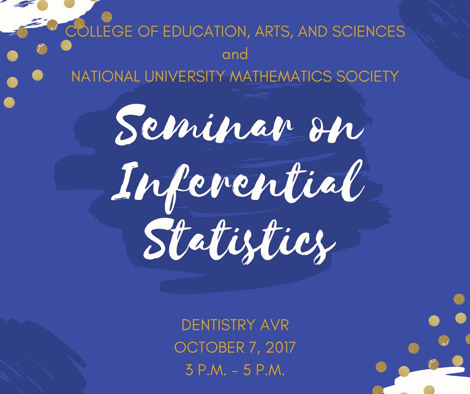 NU_CEAS's tweet photo. The CEAS SC and NU Math Society will conduct a seminar on Inferential Statistics tomorrow, 3-5pm at 3rd floor Dent. AVR #AllForCEAS https://t.co/TXYoD6zt7I