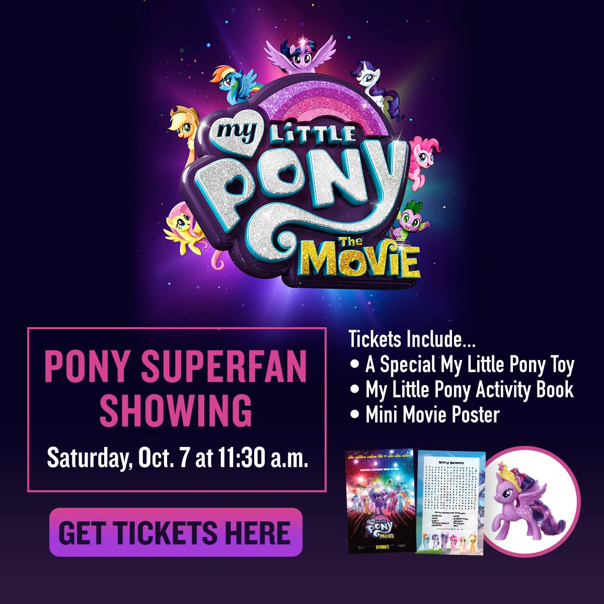 Marcus_Theatres's tweet photo. Join us on Saturday, October 7th at 11:30am for an exclusive @MLPMovie event! https://t.co/s5bD1ry0aB #SuperFanEvent https://t.co/mr567Keab0