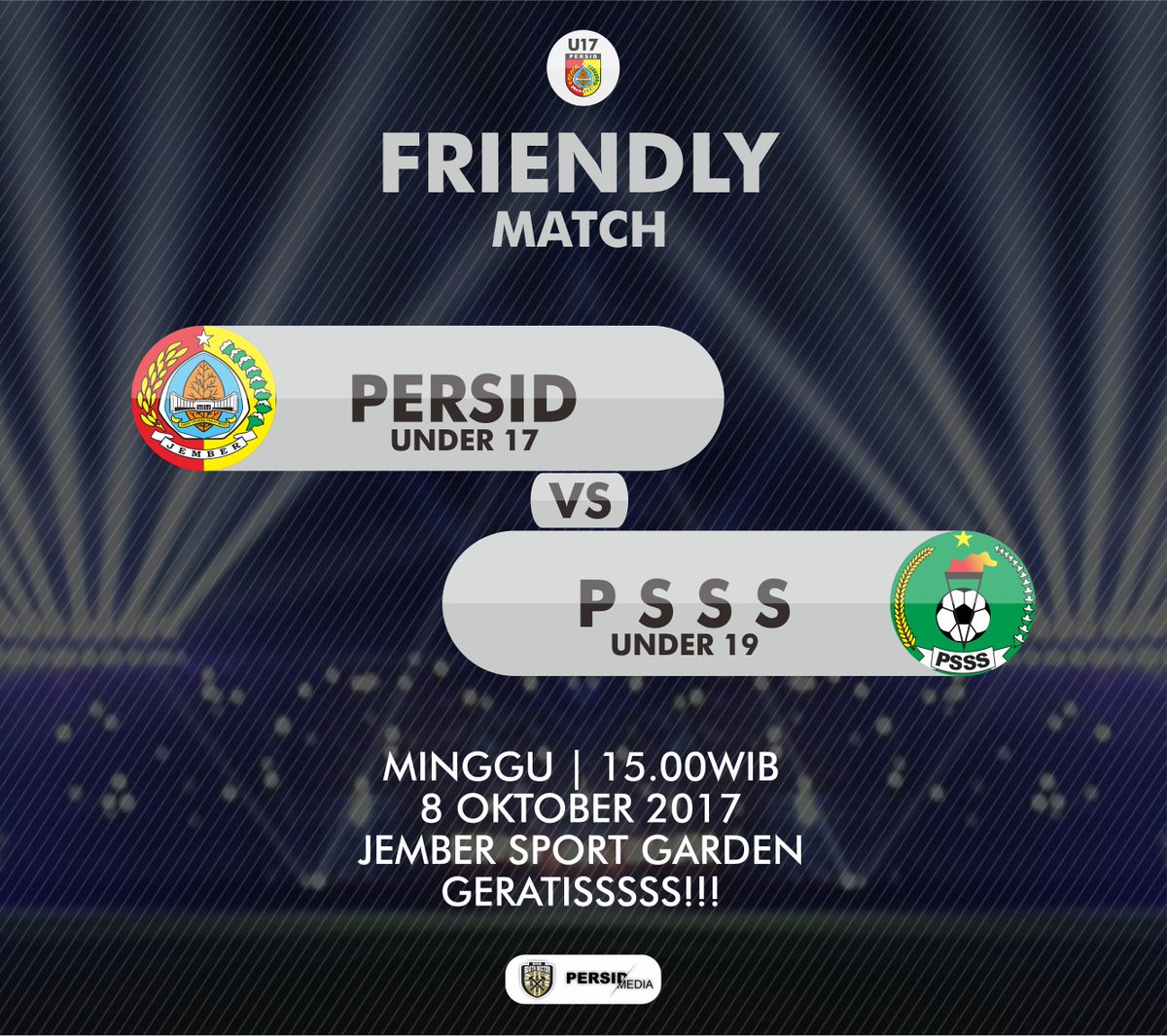 Perubahan Jadwal !
Friendly Match
Persid U17 vs PSSS U19
Minggu, 8 Oktober 2017
15.00 WIB
GERATIS!!!