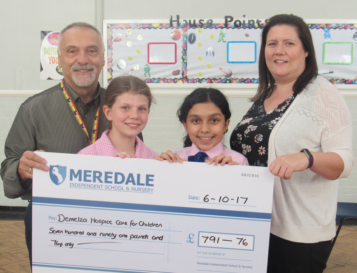 MeredaleSchool's tweet photo. Charity Week earlier this year resulted in Meredale presenting a cheque to Demelza Hospice Care for Children for £791.76, £1,623.46 to date! #Meredale #Demelza #charity #children https://t.co/D1J4F7Vtfd