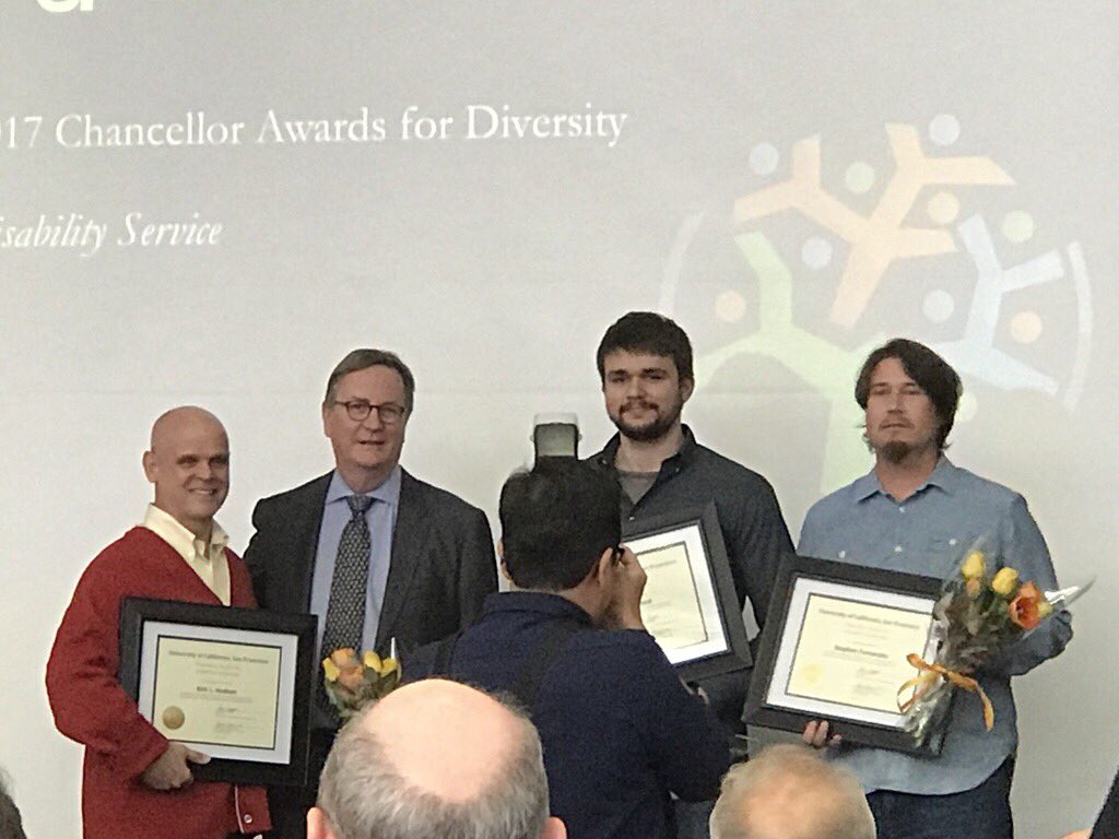 ucsf_library's tweet photo. #FBF to yesterday when our very own Kirk Hudson, Stephen Fernandez, & Salman Saeed recv'd the Chan. Award for Disability Service! #libraryIT https://t.co/PkPGYxSBke