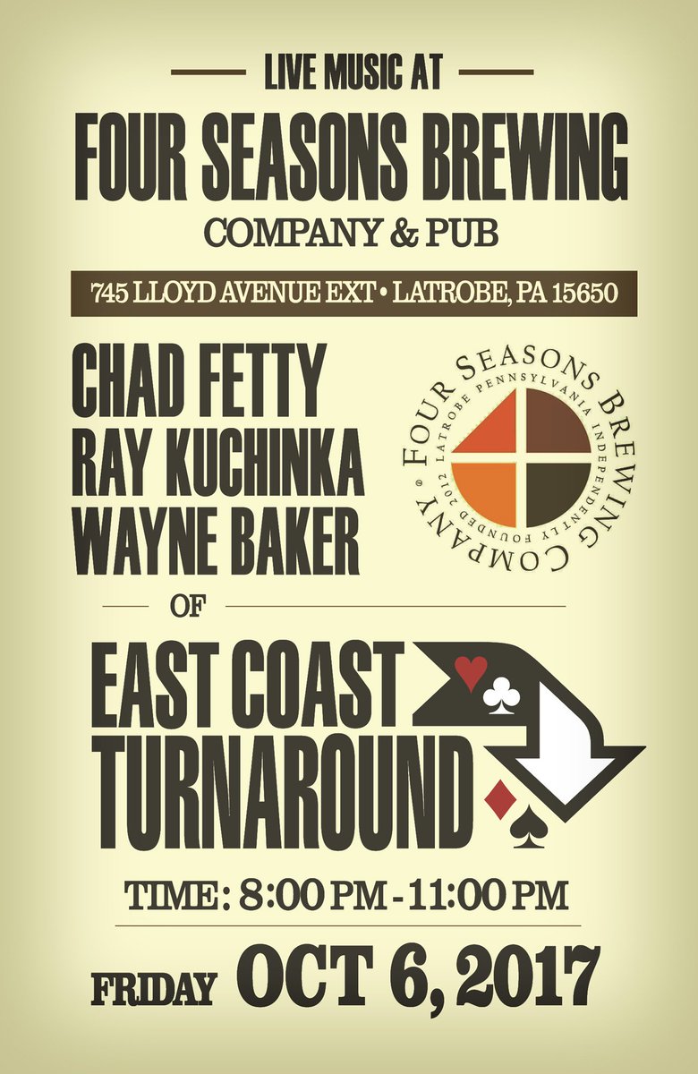 ectband's tweet photo. Tonite! @ChadFetty, @raykuchinka and #WayneBaker at @FourSeasonsBrew. Also @spealsonwheels! #fridaynight https://t.co/0PioDqwvrw