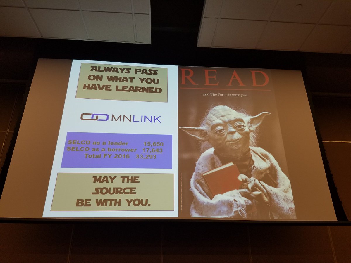MinitexMN's tweet photo. "May the Source be with you!"
- @selco_helpdesk on #MNLINK at #MNLib17. π€π https://t.co/frPgw9a3xS