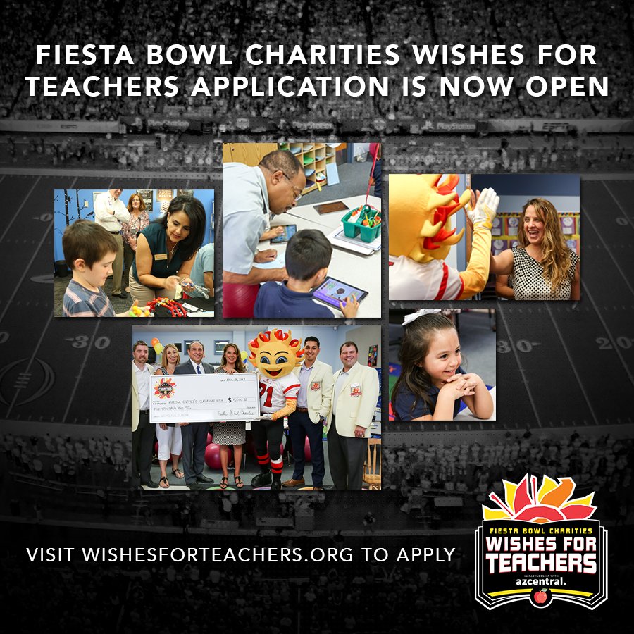 Fiesta_Bowl's tweet photo. Arizona Teachers, what is your $5,000 wish?!

#FiestaBowlCharities Wishes for Teachers, with @azcentral, is back! Application now open ➡️ https://t.co/CLTvS9Z30c https://t.co/sD6hcHdOk1