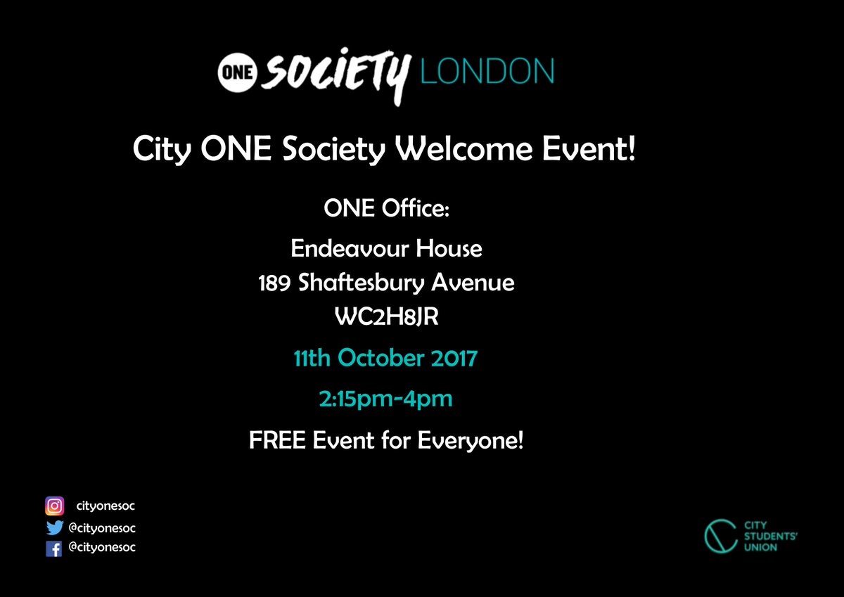 CityONESoc's tweet photo. GOOD NEWS! We're having our welcome event on 11/10/17. Please come along, and invite all your friends! @ONEcampaignUK https://t.co/Z2Wjc2BcMC