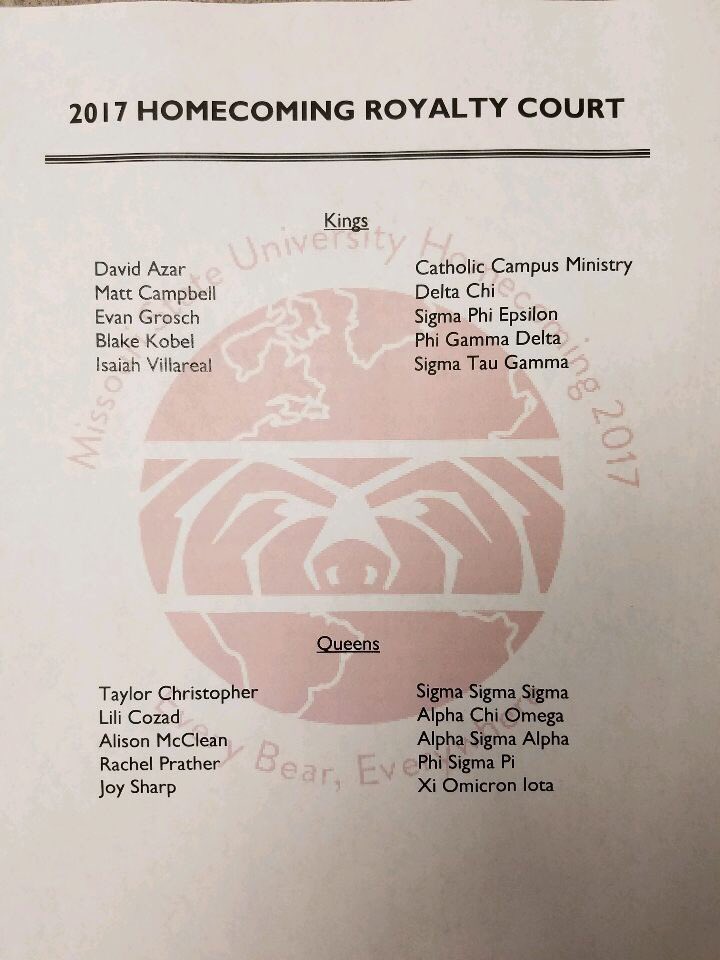 MOStateHoco's tweet photo. CONGRATULATIONS TO THE HOMECOMING 2017 ROYALTY COURT! https://t.co/Y7U3DgKljR