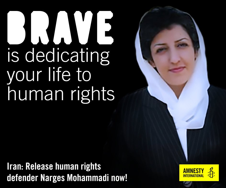 amnesty's tweet photo. Narges Mohammadi is serving 16 years prison in #Iran for speaking out on injustice. This is bravery, NOT a crime: https://t.co/7G8QqZMdXB https://t.co/hcNrEMLBBl