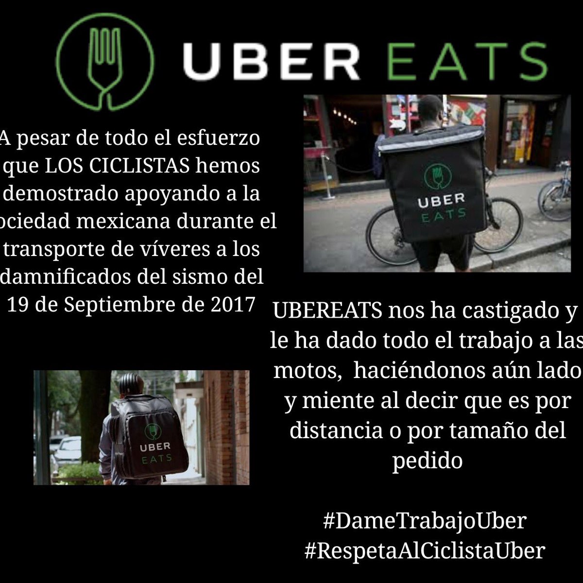 LuValdesG's tweet photo. @Uber_MEX  @UberEATS_mex 
#DameTrabajoUber
#RespetaAlCiclistaUberEats
Como se maneja UberEats en México los deja sin trabajo a los ciclistas https://t.co/13dOYHnw7K