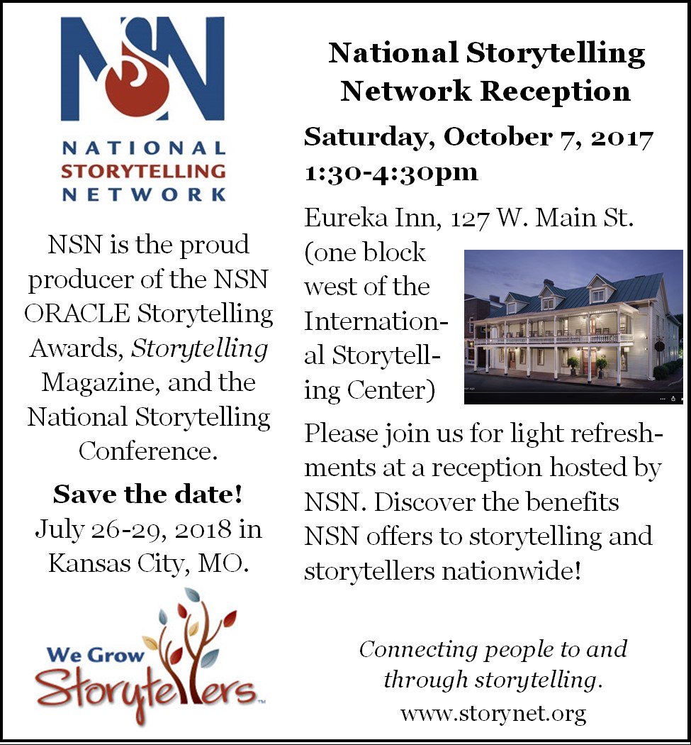 NSNStorytellers's tweet photo. NSN is hosting a reception at the National Storytelling Festival this weekend. We'd love to see you there! #storyfest #storytelling https://t.co/4rOm2NQX7j
