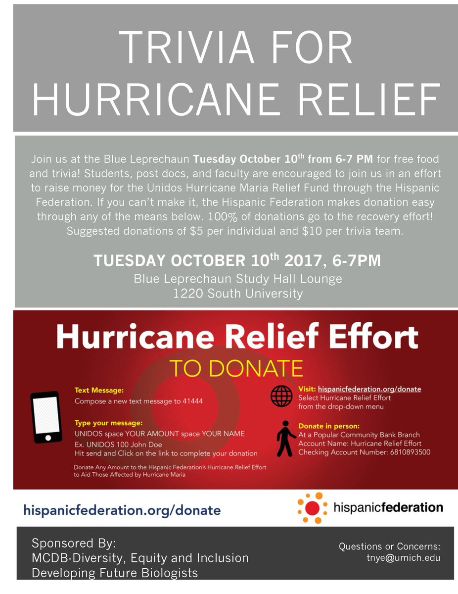 DFB_UM's tweet photo. DFB &amp; MCDB are hosting Trivia at Blue Leprechaun Tues 10/10 at 6pm to raise money for Unidos Hurricane Maria Relief Fund. Come and donate! https://t.co/S8a5UprAYW
