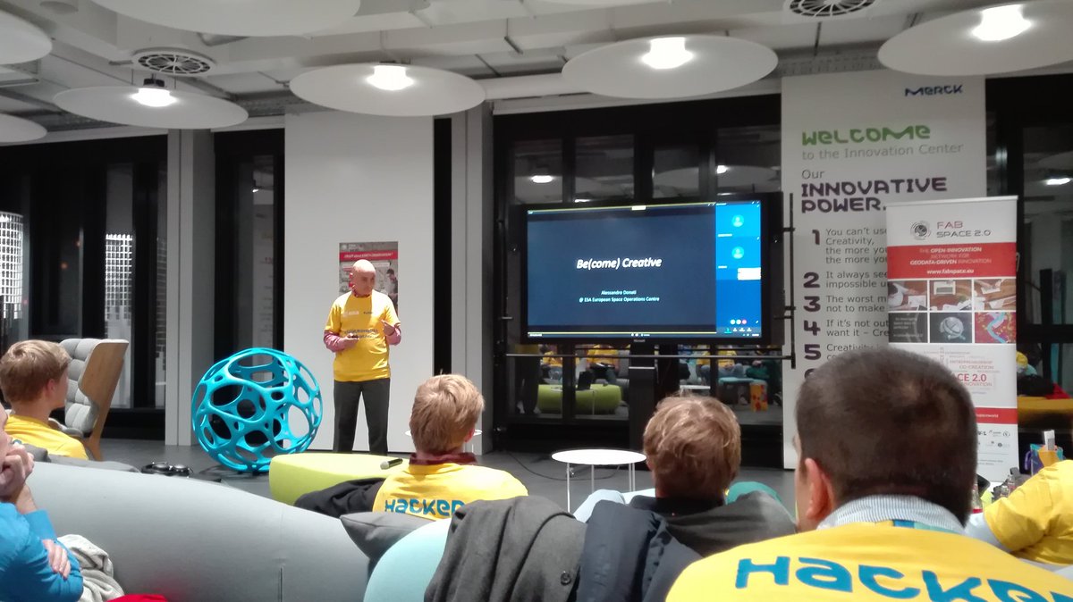 redotics's tweet photo. Be(come) creative speech from Alessandro Donati: when you're #Free & you get #Trust then funds come for what you do. #Space2health hackathon https://t.co/lMwmCsiDwy