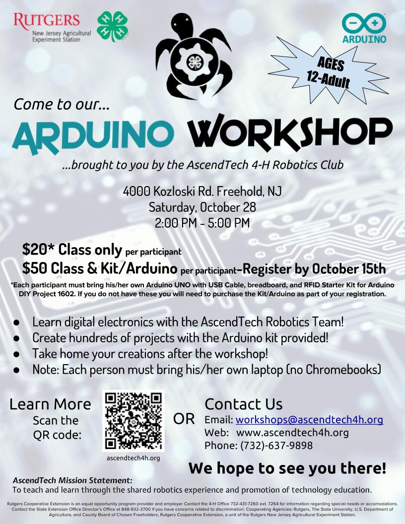 Come to our new Electronics Arduino Workshop on October 28th 2-5 pm in Freehold at <a href="/Monmouth4H/">Monmouth County 4-H</a>