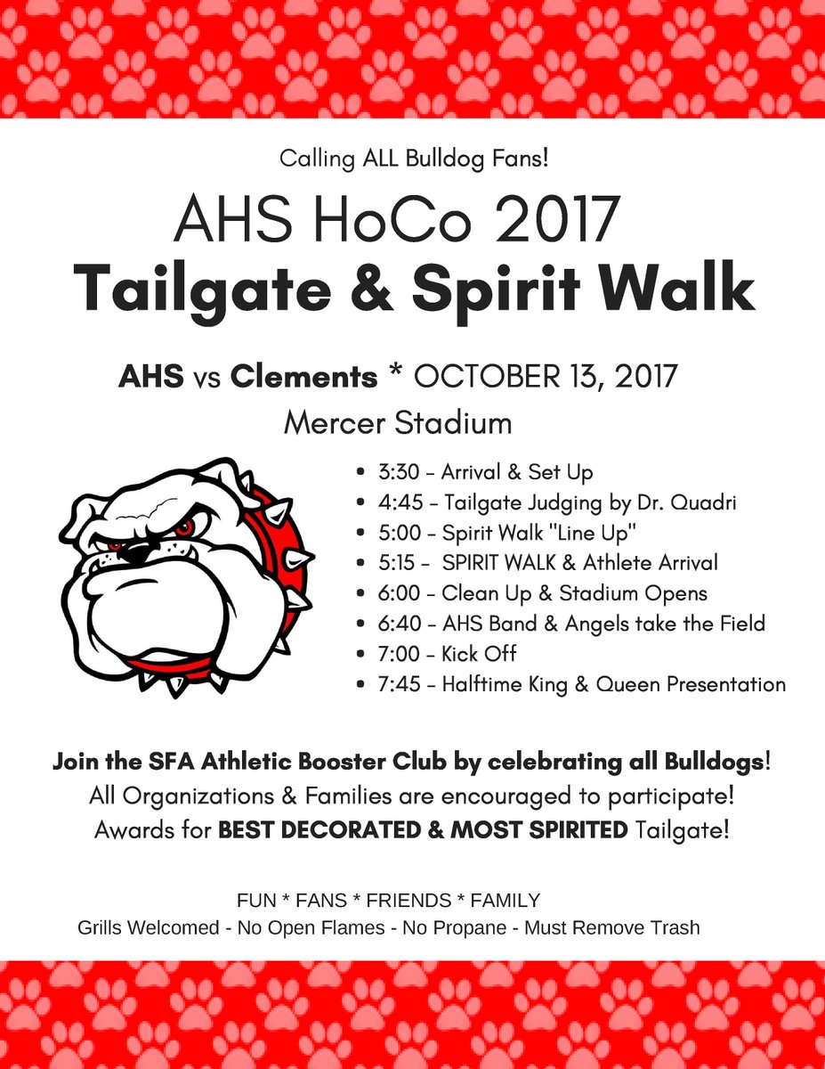 AHSBulldogs's tweet photo. Grab friends, family, your AHS Club &amp; join us for AHS HoCo TAILGATE &amp; SPIRIT WALK! Decorate a tent and show your spirit! #share #GoDawgs https://t.co/YcsAmpjFto