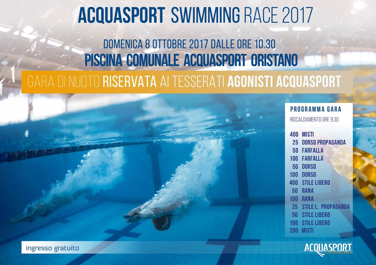 #piscinaOristano
Non può che farci piacere condividere.
Oristano, 8 ottobre 2017: torna il nuoto agonistico nella piscina comunale.