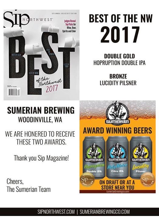 SumerianBrewing's tweet photo. Thank you @SipNorthwest for 2017 #bestofthenorthwest Double Gold🥇🥇for #Hopruption #dipa & Bronze 🥇#Lucidity #CzechPilsner. https://t.co/NGf9UbcEEb