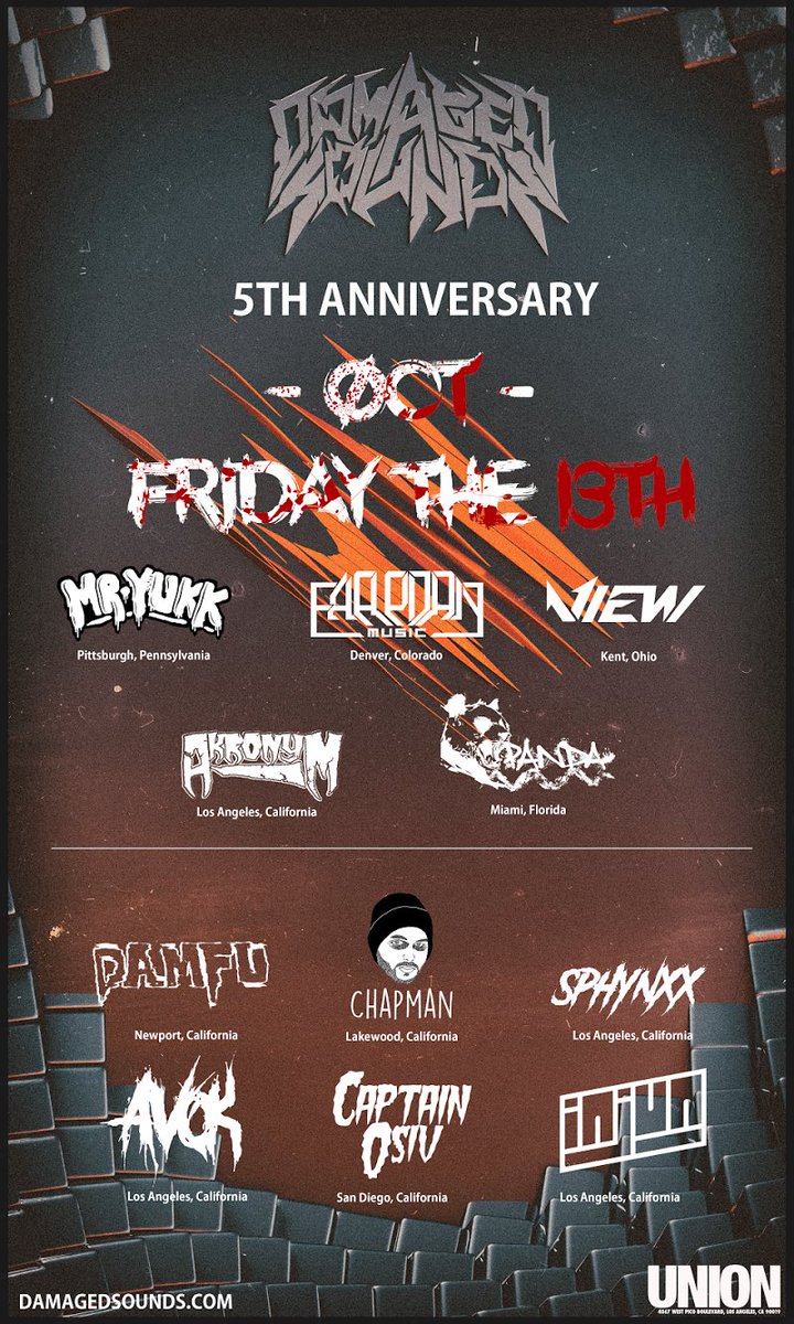 DamagedSounds's tweet photo. One week from today Damaged Sounds is taking over Union Nightclub in LA! Get your early bird tickets via TicketFly now! #dmgsnd #dubstep https://t.co/FYTtqWLcJo