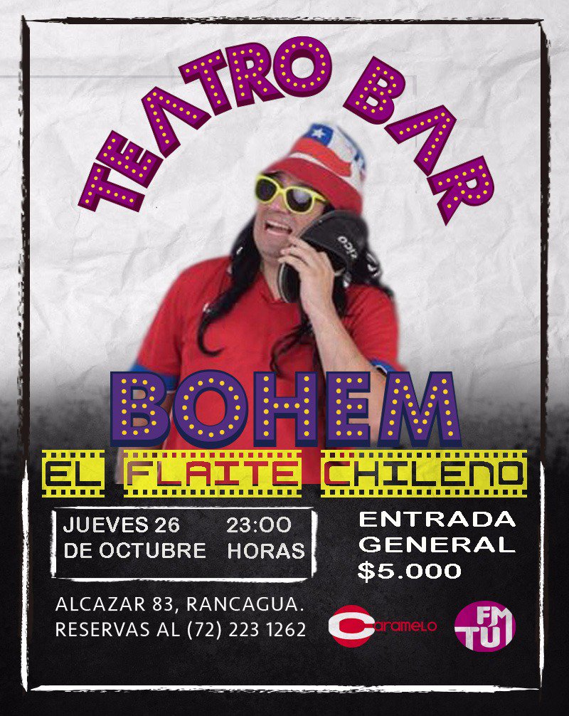 ComedyshowCL's tweet photo. 🔊 #Rancagua
26 de #octubre llega el gran #FlaiteChileno @EstebanTeflai a @TeatroBarBohem con su show #standupcomedy
#Fechaunica #Reservas 👇 https://t.co/8zG2lMtnLc