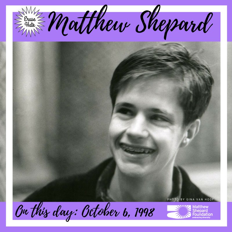 lesleanewman's tweet image. Today is the 19th anniversary of the attack that claimed Matt Shepard's life. Please donate to the @MattShepardFDN in his honor. #erasehate