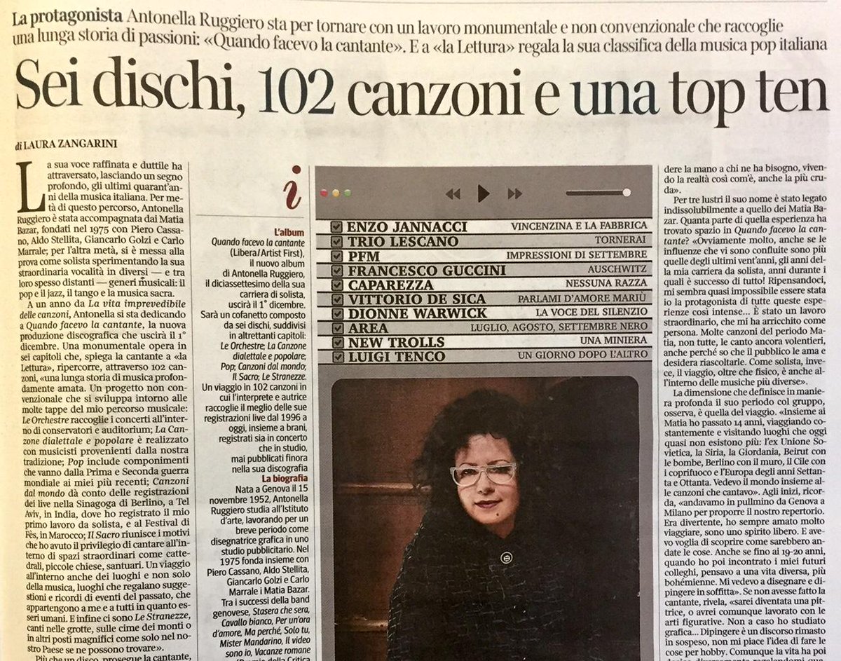 La_Lettura's tweet photo. .@Ant_Ruggiero: sei dischi, 102 canzoni, una top ten. La cantante sta per tornare con un lavoro monumentale #vivalaLettura @lrzng https://t.co/yg94vupjcq
